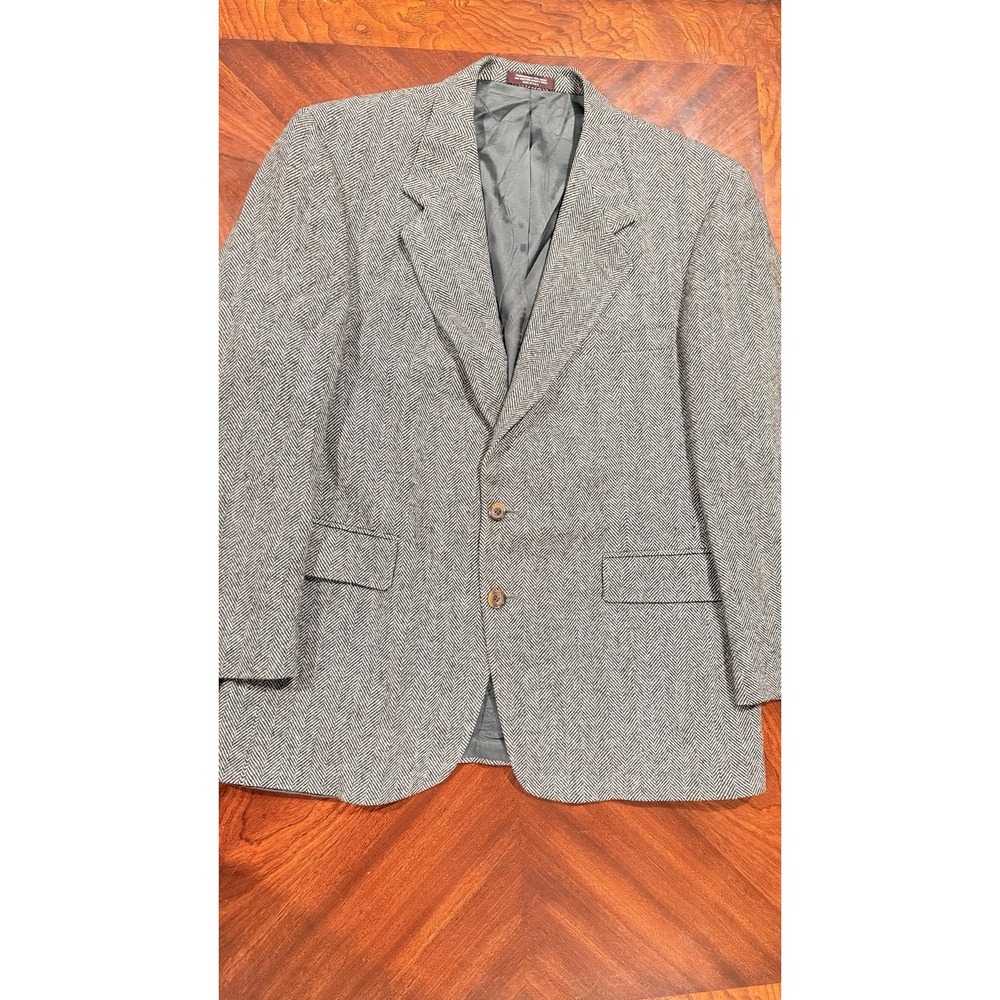 Vintage Evan Picone Wool Herringbone Tweed Blazer Mens 43R Gray Sport Coat USA